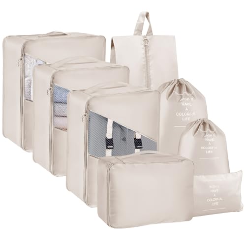 MOFELON Koffer Organizer - 8 Stück, Packing Cubes, Packwürfel für Rucksack, Travel Organizer Packtaschen Set mit Kleidertaschen Schuhbeutel Wäschebeute Kosmetiktasche, Reise Gadgets-beige