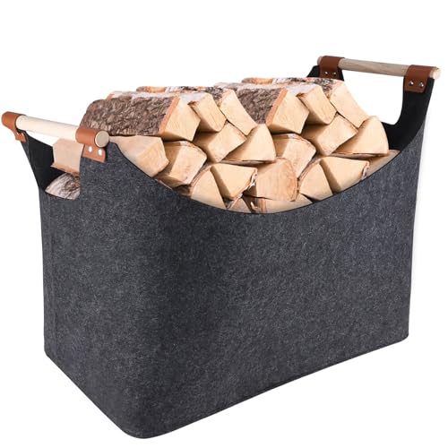 Holzkorb für Kaminholz 68L, Brennholzkorb 55x31x40 cm Dicker Filz Kaminholz Korb Groß Filztasche mit Holzgriff Aufbewahrungskorb für Einkauf Zeitungen (Dunkelgrau)