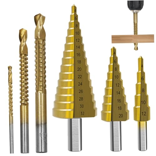 Stiefmaschinenbohrbit, 6pcs Titanium Stiefmaschinenbohrbit Set, 29 Größen 4-32-mm-Bohrer-Bits für Metallblech mit Gehäuse, Stiefenbits für DIY-Liebhaber Metallbearbeitung, Holzbearbeitung, Holzbearbe