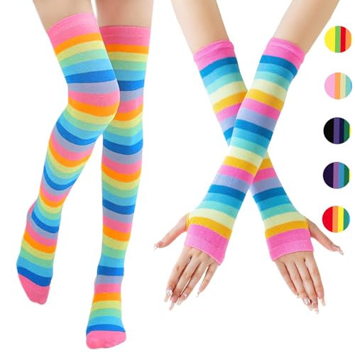 AUNGCSHE Regenbogen Overknees Strümpfe Damen, Fingerlose Handschuhe Damen, Kniestrümpfe Mädchen, Armstulpen Damen, Thigh High Socks, Fingerless Gloves Damen Für Handstulpen, Halloween Fasching (Rosa)