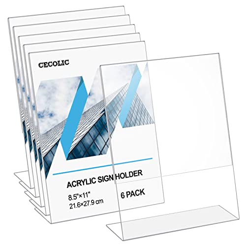 6er Pack Acryl Schilderhalter, Klarer Tisch Schilderhalter Schräge Rückseite, Bilderrahmen, Menü Display Halter, Flyer Dokumentenpapier Display Ständer für Büro, Schule, Restaurant - 21,6 x 27,9 cm