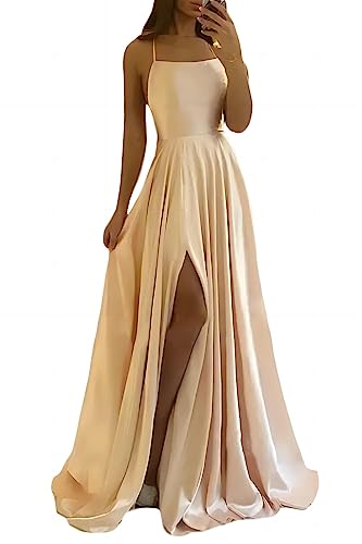 xxxiticat Damen Elegant Lange Ballkleider Satin A-Linie Hochzeitskleid Abendkleider Sexy Neckholder Spaghetti Brautkleid Kleider Lang Prinzessin Brautjungfer Kleid(CE,XS)