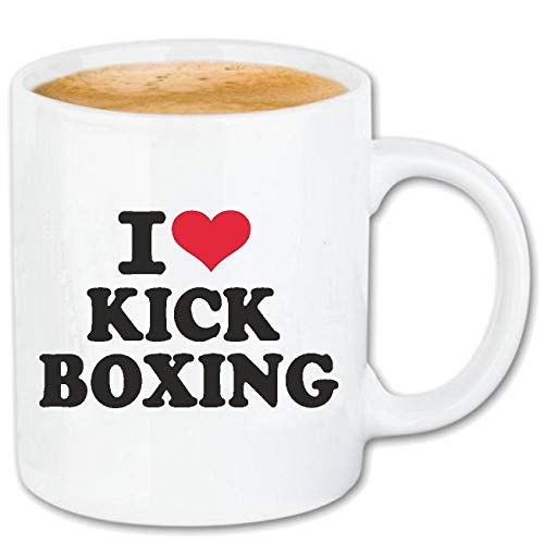 Reifen-Markt Kaffeetasse I LOVE KICK BOXING - KICKBOXEN - MMA - KAMPFSPORT - KAMPFSPORTUNTERRICHT Keramik 330 ml in Weiß