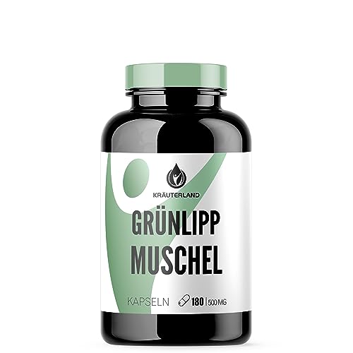 Kräuterland Grünlippmuschel Kapseln - 180 Kapseln, hochdosiert Tagesportion 1500mg - reines Grünlippmuschelpulver Extrakt aus Neuseeland - deutsche Premium Qualität