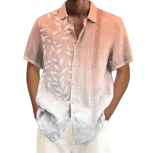 Generisch Leinenhemd Herren Hemd Kurzarm Sommerhemd Kuban Kragen Freizeithemd Casual Urlaub Leinen Shirts Regular Fit Männer Strand Oberteile Henley Waffel Shirt Herren Klassisches Design