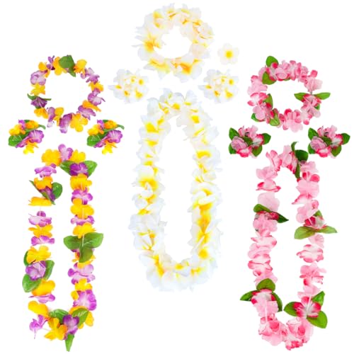 Hawaiiketten Blumenketten,Blumenkette Hawaiian Halskette,13PCS Hawaii Ketten Blumen mit Stirnband Armband Haarclips für Hawaii Strandpartys und Hochzeit Partys Geburtstag Festival Deko