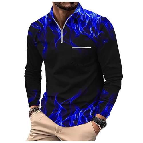 SRZYMJ Poloshirts Herren Lange Poloshirts Kontrastfarbe Ausschnitt Baumwolle Basic T-Shirt Polohemd Sweat t-Shirt Herren Langarm Herren Polo schwarz Baumwolle t Shirt atmungsaktiv Herren Blau L