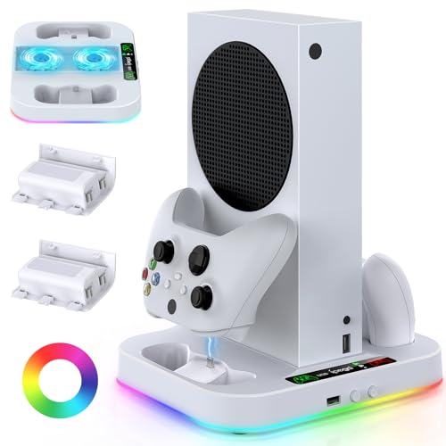 Kühlständer für Xbox Serie S mit RGB-Licht, MENEEA Schnellladestation mit 2x1400 mAh Akkus, Kühlerzubehör mit 3 Geschwindigkeiten einstellbarem Lüfter, 15 Lichtmodi, 2.0 USB-Anschluss