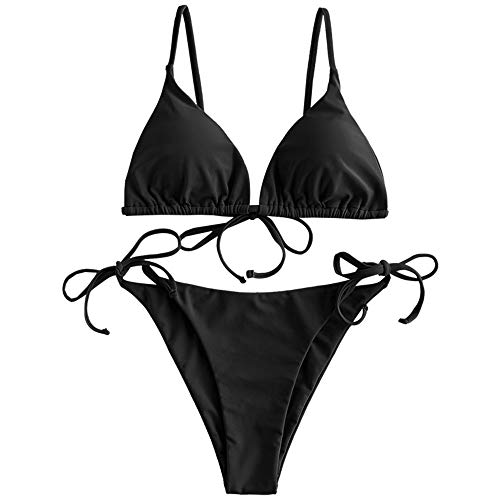 ZAFUL Damen Gepolstert Bikini Set, Einfarbig Bikini Badeanzug mit Dreieck Cup Spaghetti-Träger (Schwarz, S)