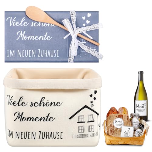 Sinmoe Geschenk zum Einzug Brotkorb Geschirrtuch Kochlöffel Brot Salz Wein Aufkleber Grußkarte Einweihungsgeschenk zum Umzug Richtfest Neues Zuhause Wohnung(Viele schöne Momente im neuen Zuhause)