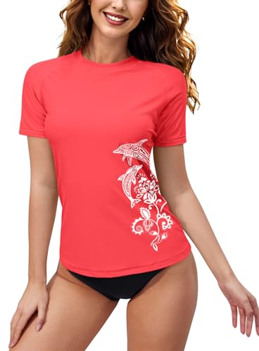 BesserBay Damen Schwimm Shirt Kurzarm UV Shirts Wasser Rash Guard UV Schutzkleidung Coral L