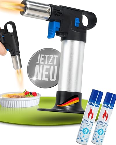 STAHLMANN® Flambierbrenner [1300°C] inkl. 2x 300 ml Gas – Premium Creme Brulee Brenner, nachfüllbar mit Sicherung – Ideal zum Karamellisieren, Flambieren & Bräunen