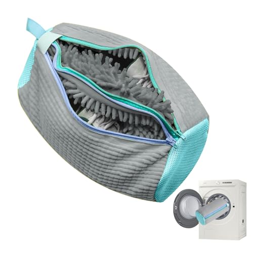 TrendGate 2 in 1 Schuhwaschbeutel Waschmaschine, Doppel -Reißverschluss Doppeltaschen Schuhbeutel, 360° Allround Reinigung, Wiederverwendbar Waschbeutel Schuhe für alle Schuharten und Größen - Grau