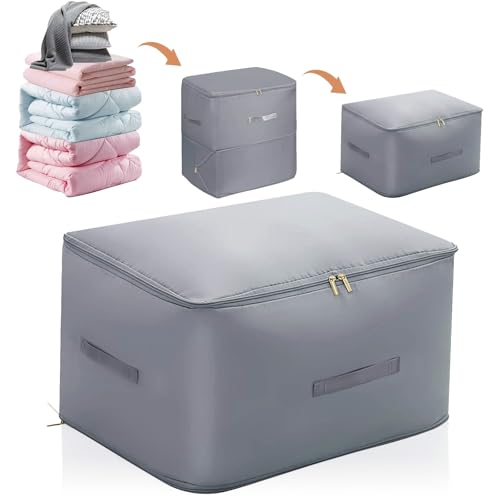 INSANYJ Groß Aufbewahrungstasche, Selbstkomprimierender Organizer Ultra Platzsparender, 2025 Upgrade Selbstkompressions-Organizer für Bettdecken Kleidung Decken (Grau, L 52x42x30CM)