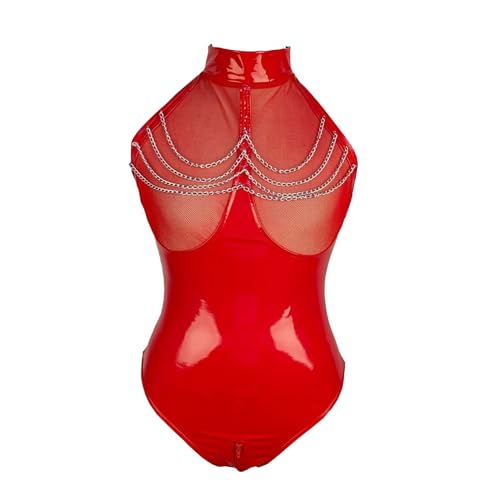 WUUDOA Leder Bodysuit Damen Sexy Wetlook Body Kleid Damen Lackleder Kleid wetlook damen ouvert Jumpsuit PU Leder Damen Sexy Dessous Party Latex Kurze Strampler Clubwear Club Partykleider Kostüm（L）