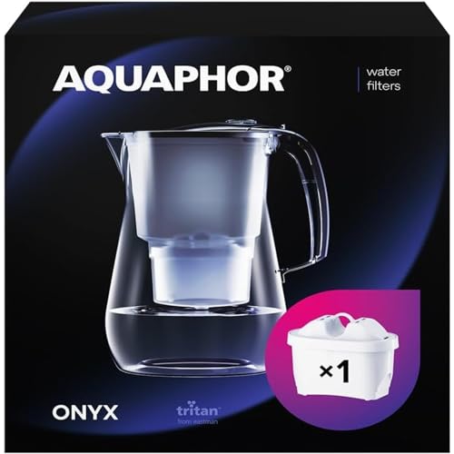 AQUAPHOR Wasserfilter Onyx Schwarz inkl. 1 MAXFOR+ Filter I 4,2L Wasserfilter in Glasoptik für I Karaffe I Reduziert Kalk & Chlor I Perfekt für die Familie I Premium Qualität I Stylischer Behälter