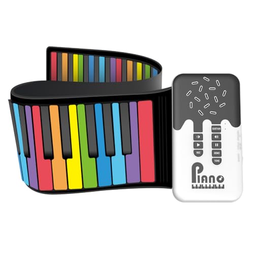 JUCHRZEY Tragbare Klaviere mit Regenbogentasten, Innentrommel, 49 Tasten, elektronisches Handrollklavier, Modellfunktion, USB-Eingang, weiches Silikon, kompatibler MP3-Kopfhörer for Musikli