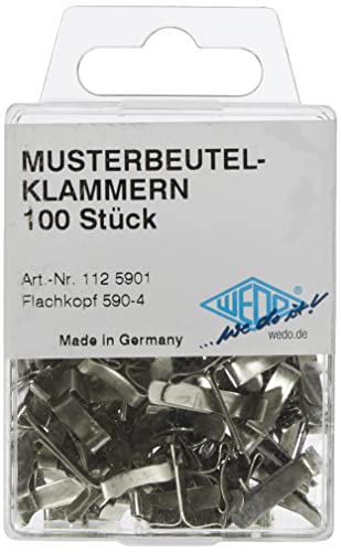 Wedo 1125901 Musterbeutelklammern (Flachkopf 590-4 in SB-Klarsichtdose, 100 stück) silber