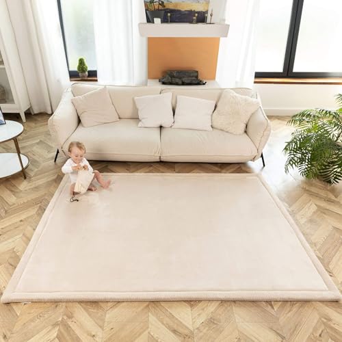 Wolkenweiche Samtmatte-Spielmatte Baby 200x150x2,5cm, beige – Kinderteppich mit hochwertigem Memory-Schaum – Baby Krabbelmatte mit Rutschfester Unterseite – Krabbeldecke Baby, Kinderzimmer Teppich