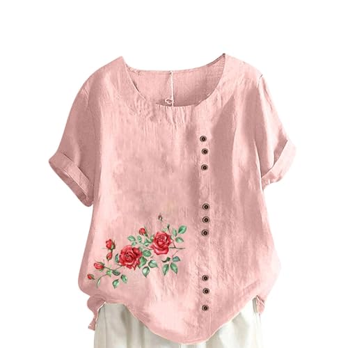 Keepink Damen-Leinen-Oberteil, kurzärmelig, Rundhalsausschnitt, Bluse, Löwenzahn/Blumendruck, locker, lässiger Tunika, Blusen, lustiges T-Shirt, Knopf-Pullover, Übergröße, Damen-T-Shirts, S-5XL, 5