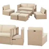 Juskys Polyrattan Gartenmöbel Set Salou - Outdoor Lounge wetterfest 6 Personen - Sitzecke mit Tisch & Kissen für Garten, Balkon, Terrasse - Creme/Sand