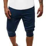 Herren Baumwolle 3/4 Jogger Capri Shorts Hose Unterhalb des Knies Kurz Mit Taschen LäSsige Jogginghose Mit Kordelzug In Der Taille (XXL,Navy Blau)