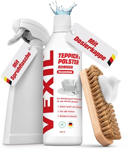 VEXIL Teppichreiniger & Polsterreiniger Konzentrat mit Bürste & Mischflasche - für Textilien wie Sofa, Matratzen & mehr geeignet - auch für Geräte wie Nasssauger geeignet - Made in Germany