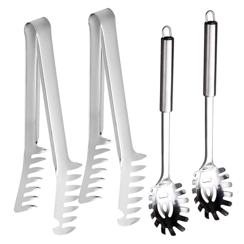 Spaghettilöffel,Minging 4 Stück Nudelkelle Edelstahl Poliert Nudelzange mit Ergonomischen Griff Spaghettizange Nudelzange Spaghetti Server Set Spaghetti Küchenhelfer Spaghettilöffel Nudellöffel