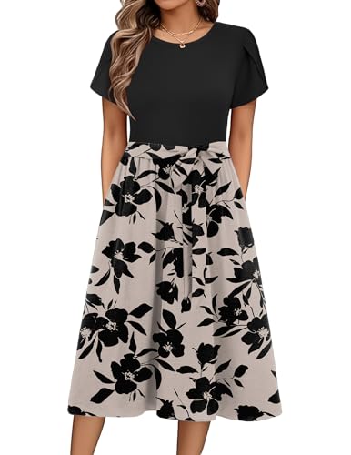 Zeagoo Kleid Damen Sommer Elegant Floral Kleid Damen Rundhals Strandkleid Kurzarm Swing A Linie Blusenkleid Casual Knielang Kleider mit Gürtel Florale M