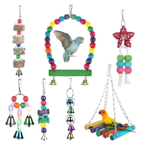 Intelligenzspielzeug für Papageien, Spielzeug für Vogelsittiche, Vogelspielzeug für Sittiche, Puzzle-Zubehör, Nymphensittich-Spielzeug, 7-teiliges Schaukel-Set, buntes Vogeltraining für Wellensittiche