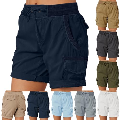 Skang Damen Shorts Sommer Casual Kurze Hosen Tunnelzug Elastische Stoffhose Hotpants Strand Shorts mit Taschen Hoher Taille Lockere Shorts Freizeit Shorts Elastische Stoffhose