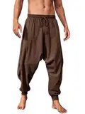 Runcati Hosen Herren Einfarbig Loose Fit Sommerhose Wikinger Pirat Mittelalter Leicht Elastische Taille Baggy Freizeithose Mit Kordelzug Und Taschen Hippie Hose Braun L