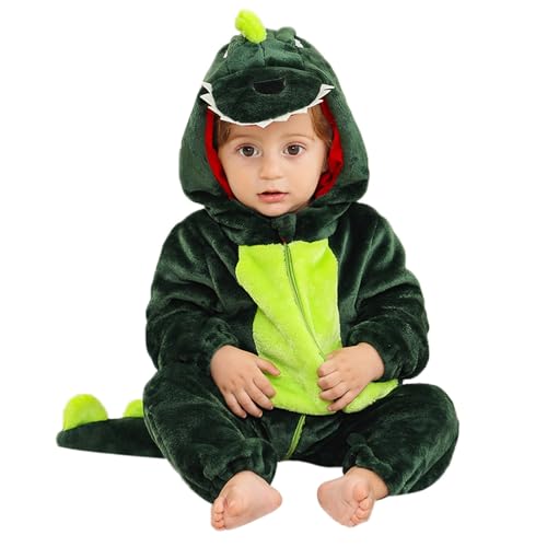 Decorie Dino Kostüm Baby Faschingskostüme Kinder Jungen Mädchen Flanell Onesie Baby Schlafanzug Strampler mit Kapuze Tier Schneeanzug Baby Kleidung Jumpsuit Overal (12-18 Monate,Dunkelgrün)