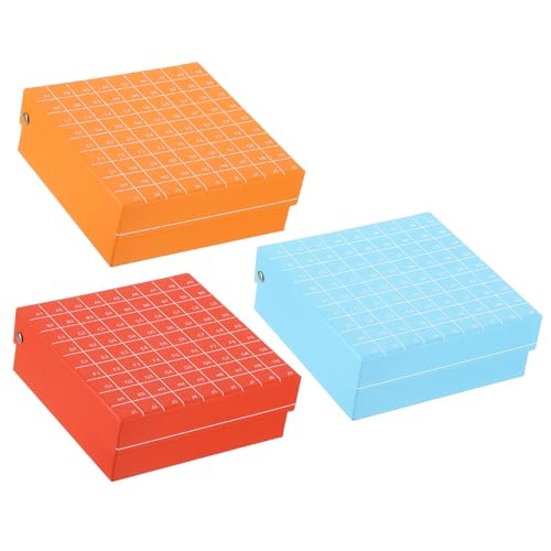 PATIKIL Karton-Gefrierbox, 3 Stück 81 Plätze Röhrenständer wasser- und eisbeständig für 1,5/1,8/2,0 ml Mikrozentrifugenröhrchen, rot/orange/blau