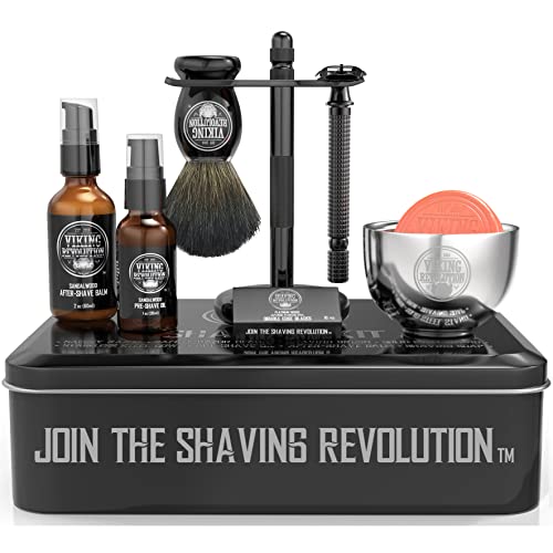 Viking Revolution - Luxus Rasierset Für Manner - Sicherheitsrasierer mit Doppelter Schneide, Ständer, Schale, After-Shave-Balsam, Pre-Shave-Öl, Dachs-Bürste, Rasierhobel Herren - Geschenke Für Männer