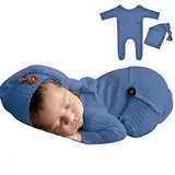 Winmany Baby Häkeln Strick Foto Fotografie Requisiten Outfits, 2PCS Neugeborene Foto Prop Strampler Hüte Kostüm Kleinkind Zubehör für 0-2 Monate (blau)
