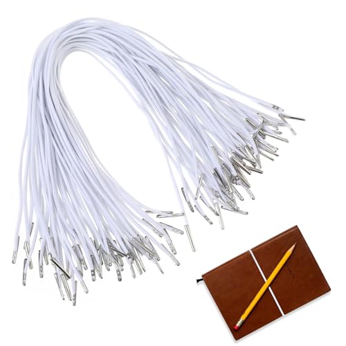 THXFUNAREA 50 Stück Elastische Widerhaken Cord, Gummischnur mit Metall Widerhaken Verschluss,Gummiband Rund, Weiß Hutgummi Gummikordel für Hüte, Augenbinden, Masken, Notizbücher, Tag, Geschenktüten