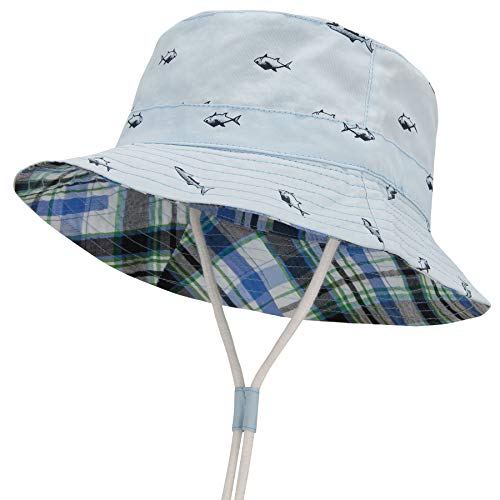 Durio Baby Sonnenhut Atmungsaktiv Sommerhut Kinder Fischerhut UV-Schutz Unisex Cap mit Verstellbarem Bindebändern Blau mit Fisch 2-4 Jahre 52cm