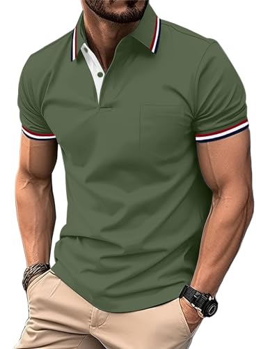 zitysport Poloshirt Herren Kurzarm Shirt Atmungsaktives Golf Polo Shirt Männer Sommer Shirts Sport Basic Slim Fit Tshirt mit Brusttasche Polohemd(Militärgrün-L)