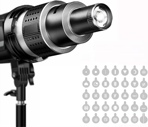 Snoot Bowens Halterung Projektor, mit 35 Gobos und 5 Farbfilter, Videoleuchte Zubehör für NEEWER CB60B CB200B, Aputure Amaran 60XS 100X/D 200D/X, Godox SL60 SL60W