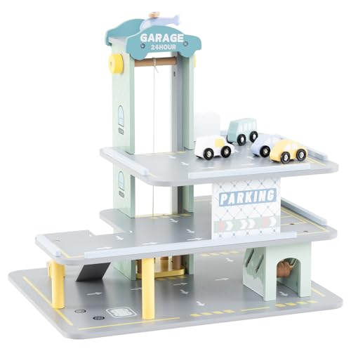 GOPLUS 3-stöckiges Garage-Spielset, Parkplatz mit Aufzug, Helikopterlandeplatz, Rampe, Autowaschanlage, Lade- und Tankstelle, Parkhaus Holz mit Autos und Hubschrauber für Kinder ab 3 Jahren