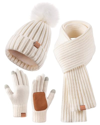 FISFET Mütze, Schal & Handschuh-Sets für Damen, Beanie Mütze Damen Winter mit Bommel Fleece Gefütterte, Touchscreen Handschuhe Schal Wärmer Mütze Damen 3 in 1 Set(Weiß)