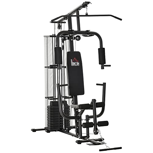 HOMCOM Gym Kraftstation Fitnessstation Multigym Fitnesscenter Fitnessgerät inkl. Gewichten Latzug Beincurl Metall PU-Kunstleder Schwarz 150 x 110 x 210 cm