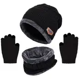 Wintermütze Kinder Schal Handschuhe 3PCs Fleece Gefüttert Beanie Strickmützen Warmem Mütze, Schal & Touchscree Handschuhe-Sets Verdicken Fleece Thermisch für Jungen Mädchen, Schwarz