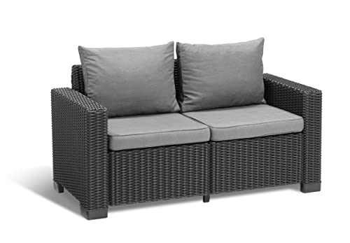 "Allibert by Keter" California 2-Sitzer Gartensofa für Balkon und Terrasse, inklusive Sitzauflagen und Rückenkissen, runde Rattanoptik, Lounge Gartenmöbel, Graphit/panama cool grau, 141 x 68 x 72 cm