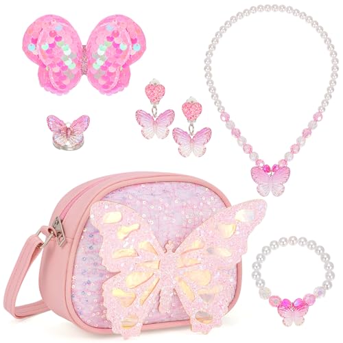 BTHRORO Handtasche Mädchen Schmuckset, Schmetterlings Halsketten Armband Ringe Ohrclips Haarseile Kinderschmuck Umhängetasche Prinzessin Party Ankleiden Rollenspiel Geburtstagsgeschenk