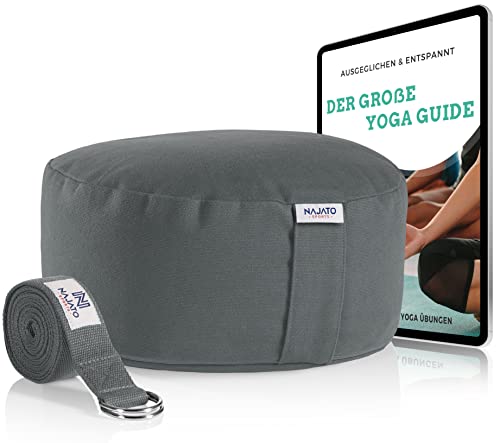 NAJATO Sports Meditationskissen – Mit Yoga Gurt & E-Book (PDF Datei) – Yogakissen mit Buchweizenschalen-Füllung – Rundes Yogakissen mit waschbarem Bezug aus Baumwolle