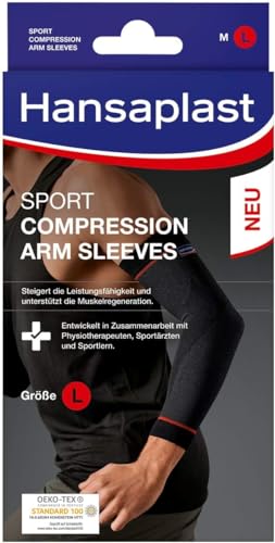 Hansaplast Sport Compression Wear Arm Sleeves, Armbandage unterstützt die Muskulatur, Ellenbogenbandage fördert mit Kompression die Muskelregenration, 1 Paar, Größe L/XL