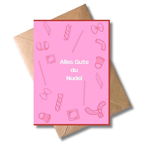 WBdesignz Geburtstagskarte „Alles Gute du Nudel“ mit Umschlag – Lustige Grußkarte für Freund, Freundin oder Pasta-Fan – Rosa Pop-Art Design – Humorvoll & frech (DIN A6)