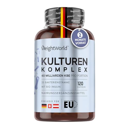 Kulturen Komplex mit 60 Mrd. KBE - 20 Bakterienstämme und Bio Inulin -120 vegane Kapseln - Bakterienkulturen mit Bifidobacterium, Lactobacillus Gasseri & Reuteri - 2 Monate Vorrat - WeightWorld